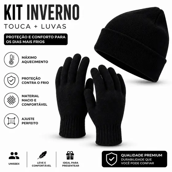 Kit Touca Com Luva De Frio Unissex Feminino Masculino Básica Lã Gorro Liso Preta Toca Adulto Inverno