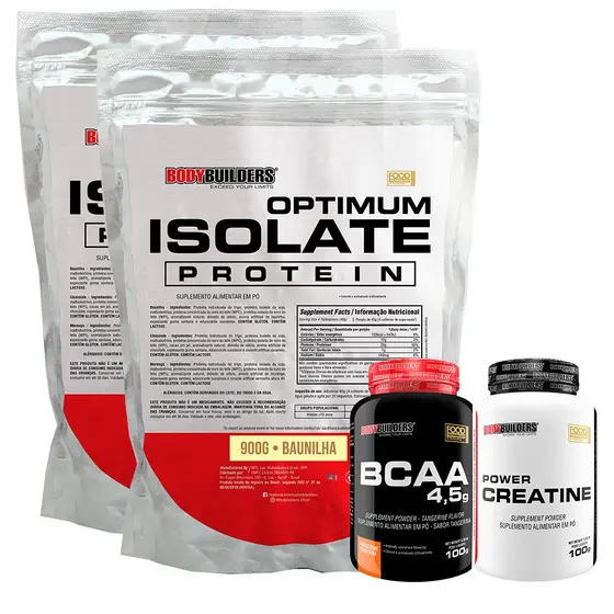 Kit 2x Whey Optimum Isolate Protein 900g + BCAA 4,5 100g + Power Creatina 100g - Bodybuilders