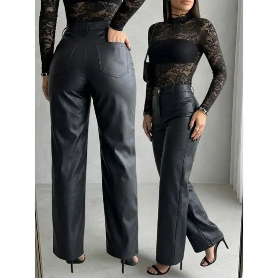 Calça Couro Fake Feminina Cintura Alta Wide Leg Pantalona Couro Ecológico Premium