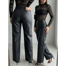 Calça Couro Fake Feminina Cintura Alta Wide Leg Pantalona Couro Ecológico Premium