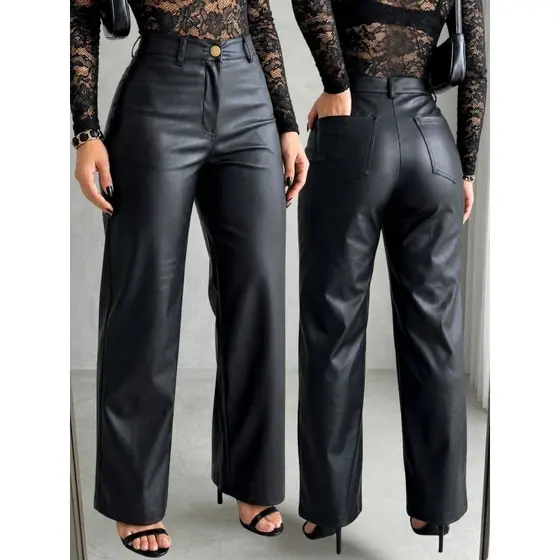 Calça Feminina Cintura Alta Wide Leg Pantalona Bolso Couro Premium Preta Fake