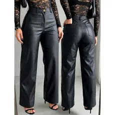Calça Feminina Cintura Alta Wide Leg Pantalona Bolso Couro Premium Preta Fake
