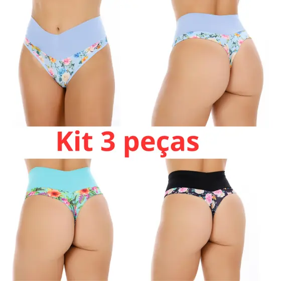 Kit 3 Calcinhas Cinta Modeladora Cós Alto Fio Dental Duplo Cintura Alta Tanga Conforto.