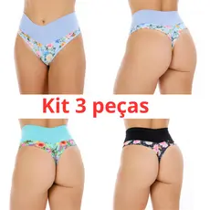 Kit 3 Calcinhas Cinta Modeladora Cós Alto Fio Dental Duplo Cintura Alta Tanga Conforto.