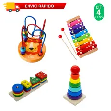 Brinquedo Educativo Pedagógico Didáticos Xilofone Labirinto Formas em Madeira kit com 4 Brinquedos Encaixe