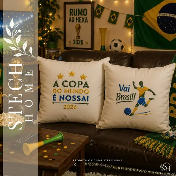 KIT 2 ALMOFADAS DA COPA CHEIAS COMPLETAS BORDADAS PREMIUM DECORAÇÃO COPA DO MUNDO 2026