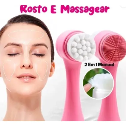 Escova de Limpeza Facial 2 em 1 Esponja Cerdas Macias Ponta Dupla Esfoliante