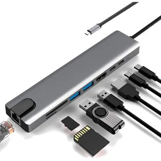 ADAPTADOR USB TIPO C COM 8 SAIDAS HDMI USB-C USB 3.0 USB 2.0 MICRO SD SD E RJ45 F3 JC-TYC-860