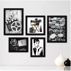 Quadros decorativos 5 peças - Cinema - Projetor - Filmes - Movie - Sala - 233kq0 Visu = 142