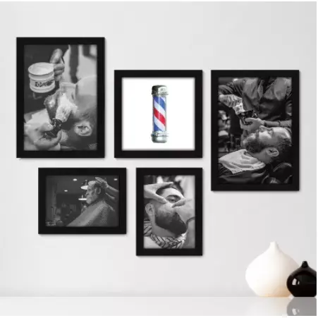 Quadros decorativos 5 peças - Barbearia Barbeiro Barber fundo branco lindo em preto e branco pro seu