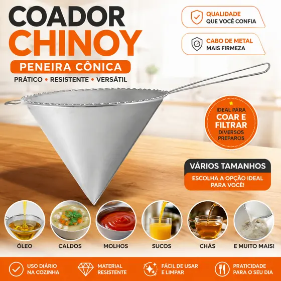 Coador Cônico Aço Inox com Cabo Peneira Fina para Óleo Caldo Suco Chá e Molhos