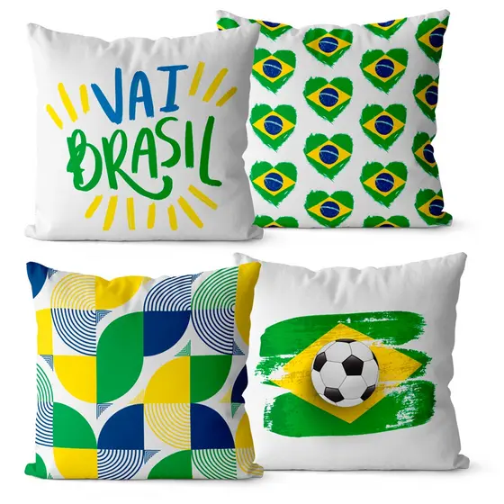 Kit 4 Capas de Almofadas Decorativas Vai Brasil 45x45 - Copa do Mundo