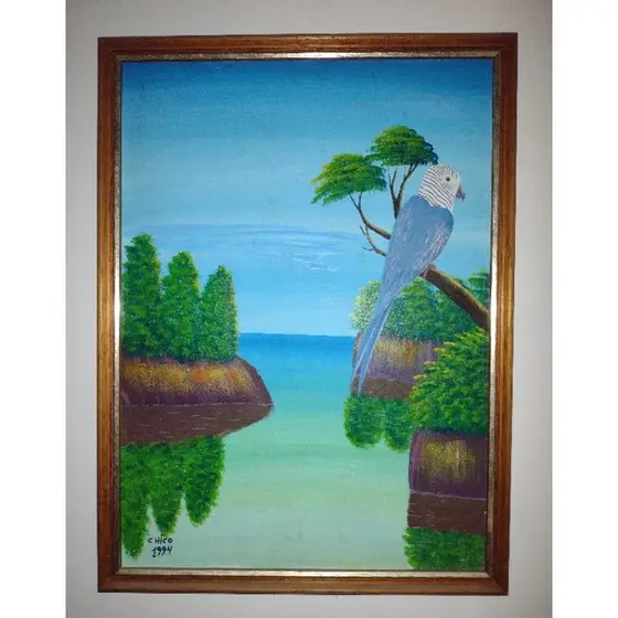QUADRO ARTE NAIF MESTRE CHICO PÁSSARO 🐦 TROPICAL ÓLEO SOBRE MADEIRA 48CM
