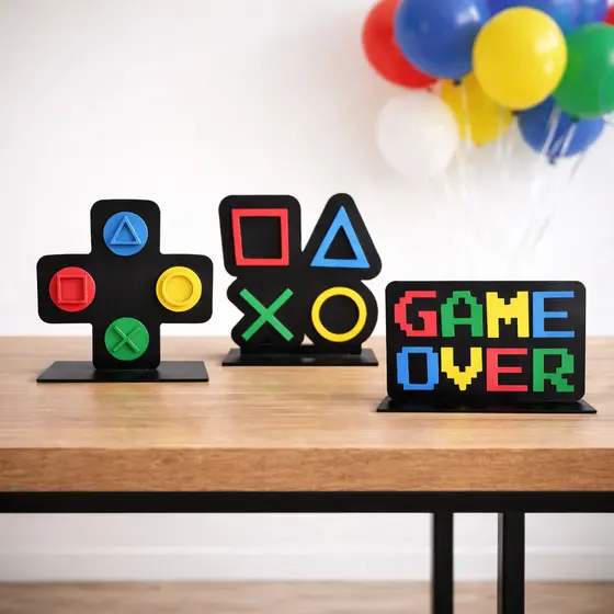 Display de Mesa Game Over MDF Kit 3 Peças  Decoração Festa Gamer