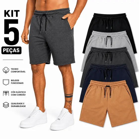 Kit 5 Bermuda Short De Moletom Masculina Com Bolso Treino Academia