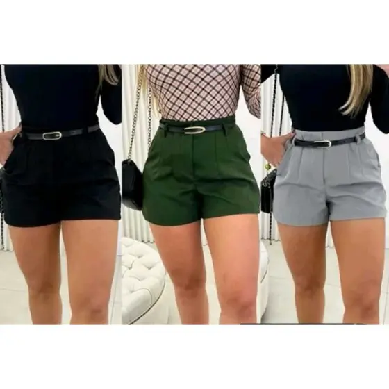 kit 3 short femenina alfaiataria, con cinto e bolso