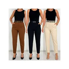 Kit 3 Calças Alfaiataria Feminina Cintura Alta Com Cinto Linha Premium