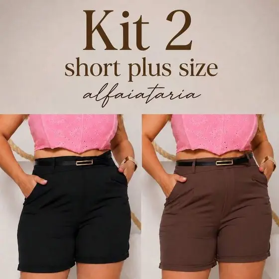 Kit 2 Shorts Alfaiataria Plus Size Feminino com Cinto – Cintura Alta, Bolso e Zíper Lateral