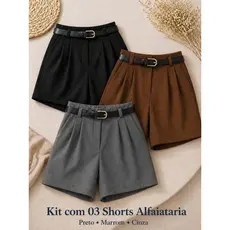 Kit 3 Shorts Casual Feminino Alfaiataria Com Cinto Tendencia Verão 2026  Bolso  Zíper  Com cinto