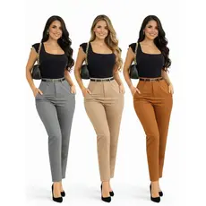 kit 3 Calça Alfaiataria Social Plus Size Feminina Com Cinto Elegante 2026