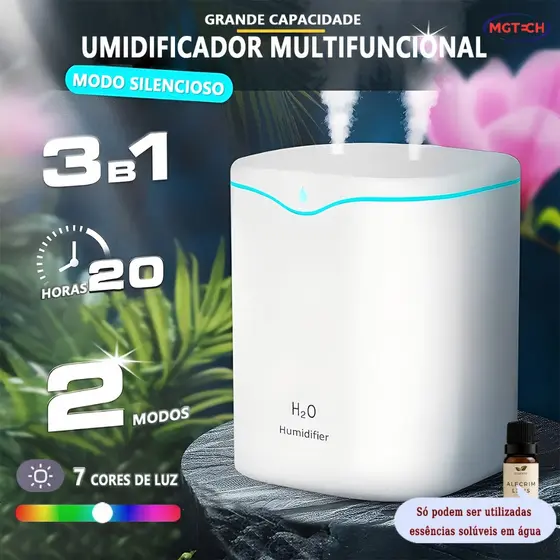 Umidificador Grande De Ar Aromatizador De Ambiente Com Bico Duplo 2000ml Difusor Elétrico Usb Led