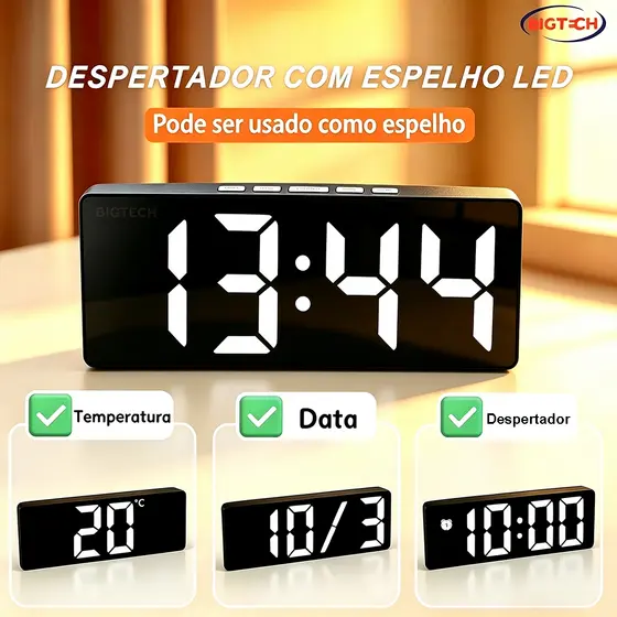 Relógio Digital De Mesa 16X6X2cm Com Despertador Alarme Temperatura Pilha AAA Alimentação Por USB