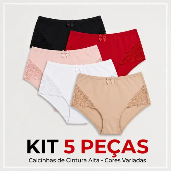Kit 5 Calcinhas Calçola Cós Alto Plus Size Microfibra Detalhes em Renda Revenda