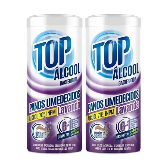 Panos Lenços Umedecidos Bactericida Álcool 70º Lavanda Top Land Kit com 2 Potes