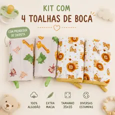Kit 4 Toalha Paninho fralda de Boca Bebe Soft 100% Algodão Enxoval Com Prendedor Chupeta