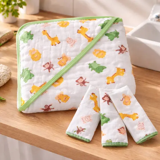 kit 1 Toalha Banho Soft Bebe Capuz Fralda Grossa + 3 paninhos boca 100% Algodão Menino Menina