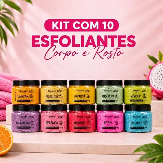 Kit 10 Esfoliantes Rhenuks Corpo e Rosto 300g Linha Frutas 10 Fragrâncias Esfoliação Renovação e Maciez Banho Premium