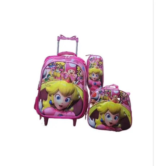 Kit Mochila Escolar Infantil Princesa Peach com Rodinhas + Lancheira + Estojo Rosa