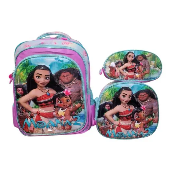 Kit Mochila Escolar Infantil Moana 2 + Lancheira + Estojo Rosa Resistente