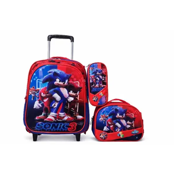 Kit Mochila Escolar Infantil Sonic 3 Peças com Rodinha + Lancheira + Estojo Azul