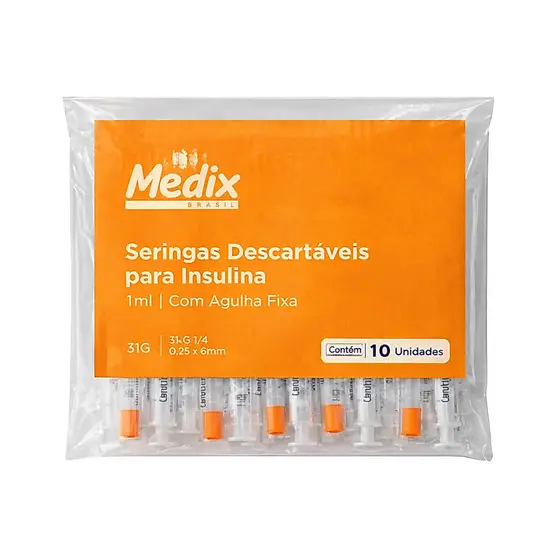 Seringa Insulina 1ml Agulha Fina 6x0,25mm 31G - Kit 10 / 30 / 50 Medix
