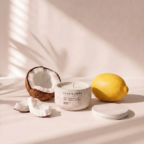 Vela Aromática Coco e Limão, 30g, Pote de Concreto Branco, 4-6h de Queima, Intuitiva Decor