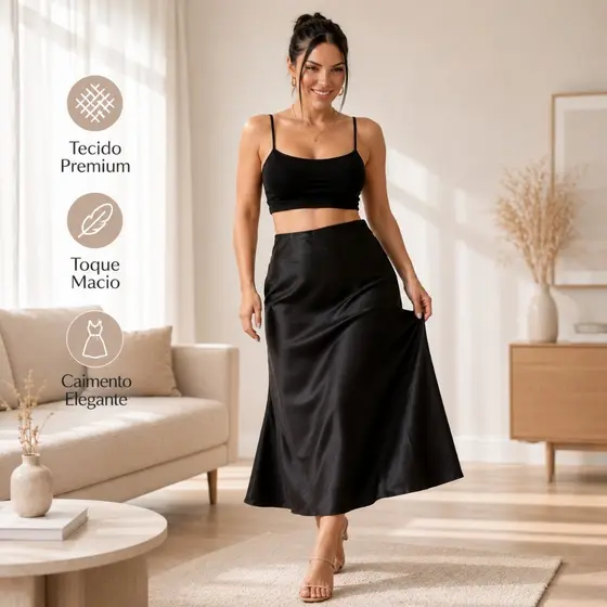 Saia Midi de Cetim Feminina Acetinada Lisa Cintura Alta Elegante Social Casual Festa Não Marca