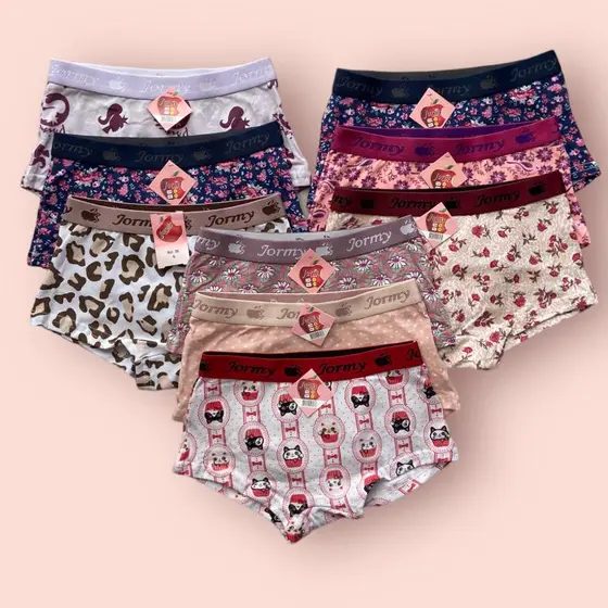 KIT 6 PEÇAS CALCINHA BOX JUVENIL ALGODÃO ESTAMPADA E LISA COM FORRO