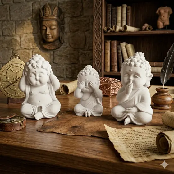 Kit Trio Buda Sábio Decoração Zen Cego Surdo Mudo Miniatura - Para Sala, Estante, Mesa, Rack, Criado Mudo, Escritório...