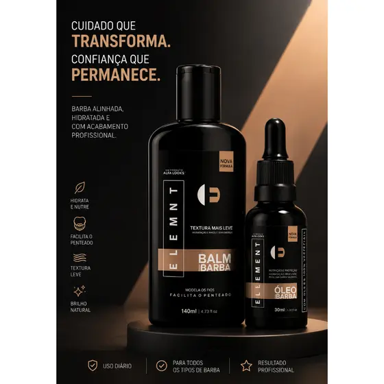 Balm para Barba 140ml 1 unidade +  Óleo para Barba 30ml Element 1 und - Kit Barba Hidratada perfuma  Efeito Antifrizz