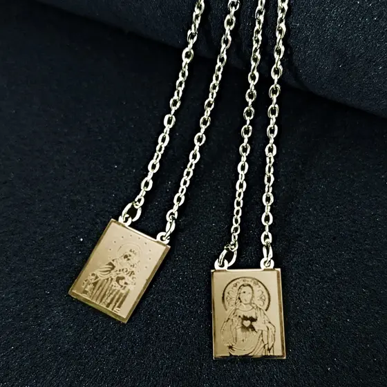 Escapulário Amuleto Sagrado Coração de Jesus e Imaculado Coração de Maria Aço Inox 316l Dourado