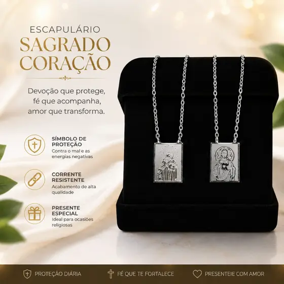 Escapulário Amuleto Sagrado Coração de Jesus e Imaculado Coração de Maria Aço Inox 316l Prateado