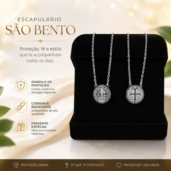 Escapulário Amuleto São Bento Aço Inox 316l Prateado