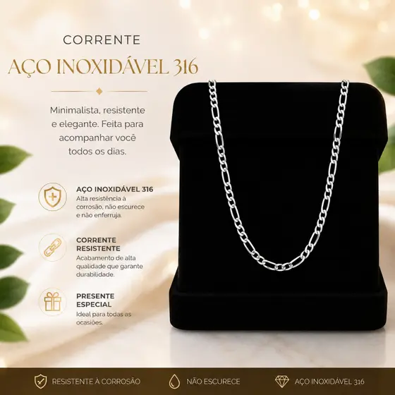 Corrente Figaro 3mm Masculina Aço Inox 316l Prateado