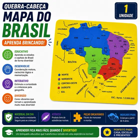 Brinquedo Pedagogico Eva Mapa Do Brasil 19 Pcs