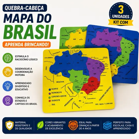 3 Unidades quebra Cabeça Mapa do Brasil didático geografia estudos