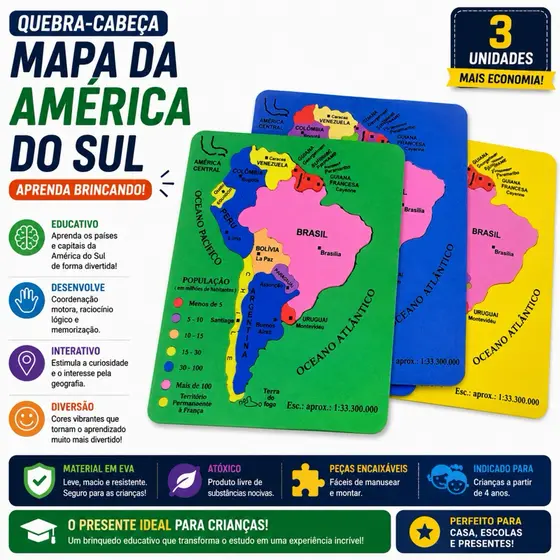 3 Unidades quebra Cabeça Mapa américa didático geografia estudos