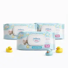 Kit 3 Toalhas Umedecidas Infância Feliz 150 Folhas C/ Tampa Lenço Umedecido