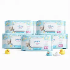 Kit 5 Toalhas Umedecidas Infância Feliz 150 Folhas C/ Tampa Lenço Umedecido