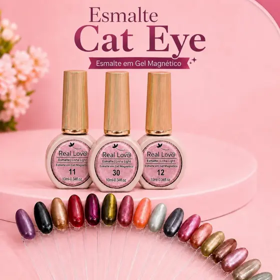 Esmalte em Gel Magnético Cat Eye Real Love 10ml Olho de Gato UV LED Nail Art.